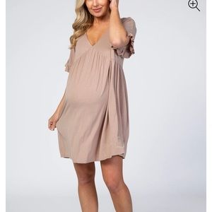 Taupe Ruffle Sleeve Baby Doll Maternity Dress